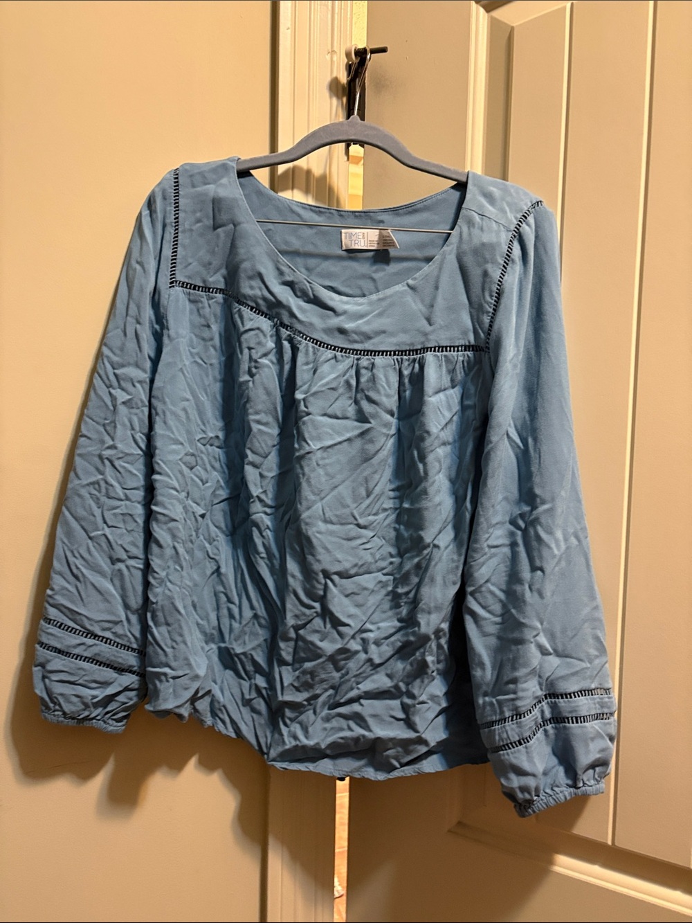 Time and Tru Sky Blue Ladder-Trim Peasant Top